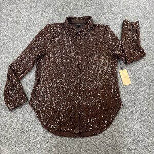 Halogen Sequin Shirt Jacket Brown Snap Front Long Sleeve Top Size 1 NWT